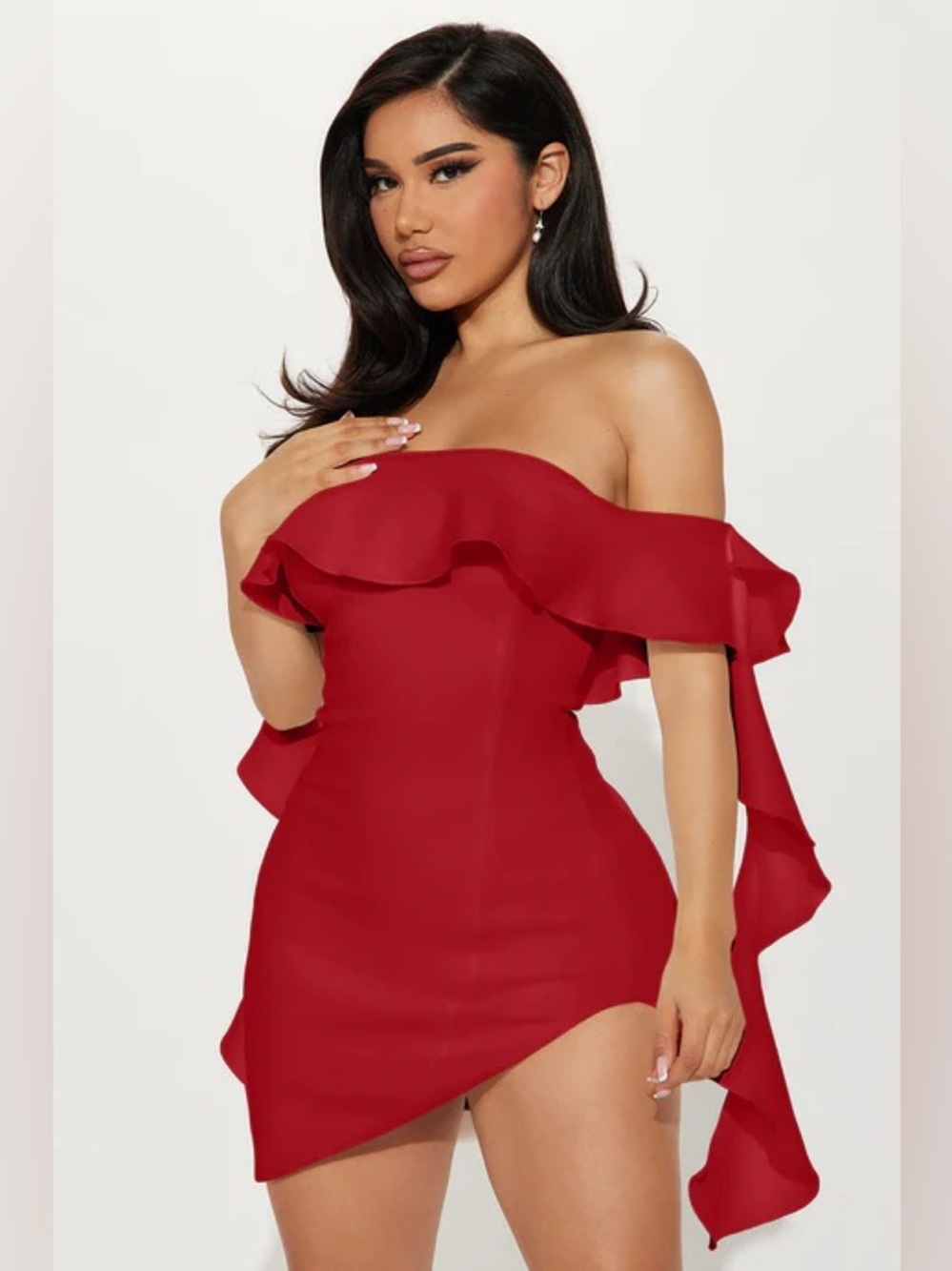 Fashion Nova Red Off-Shoulder Ruffle Mini Dress